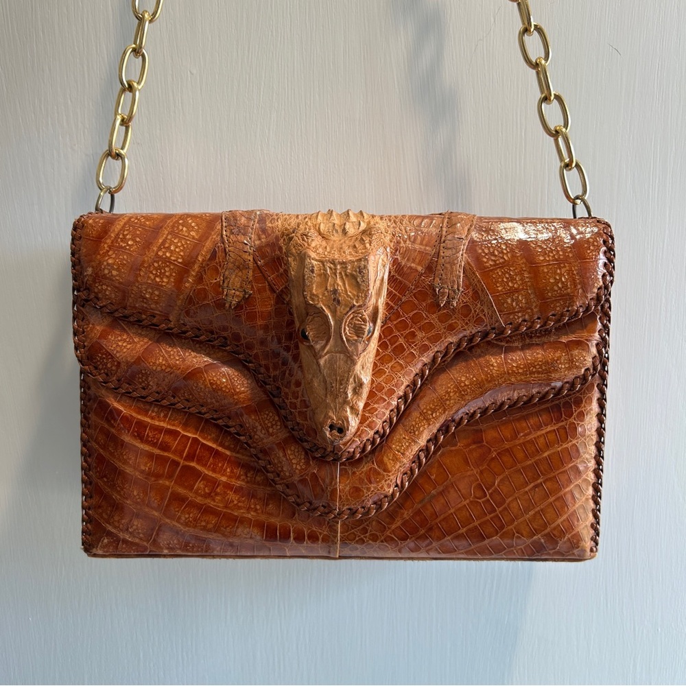 Vintage Alligator Head Purse Alligator Leather Shoulder Bag Exoctic Gold chain